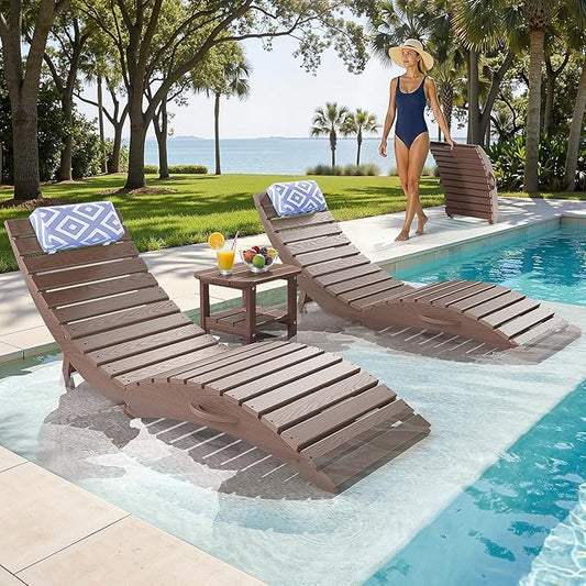 nalone Folding Pool Lounge Chairs Set of 2, HDPE Outdoor Pool Chaise Lounge with Pillow, Pre-Assembled Tanning Chairs with Wheels for Pool Beach Patio (2, Sand)