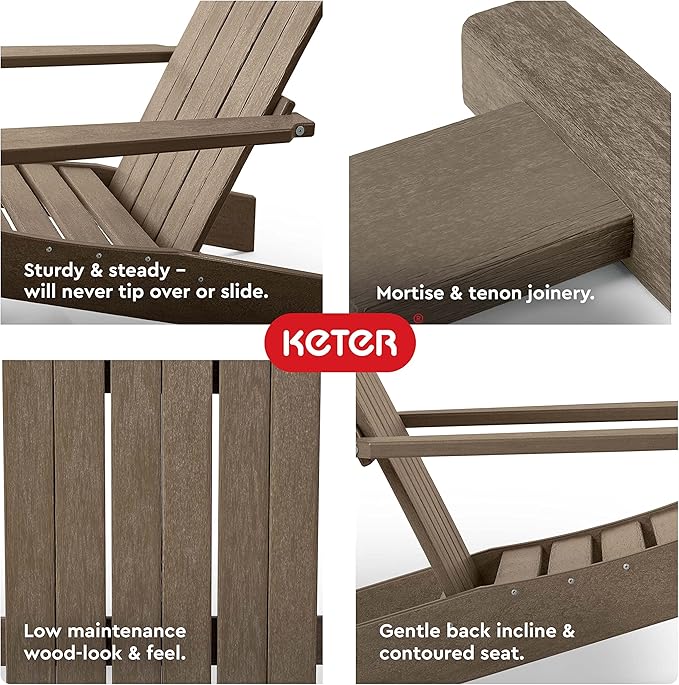 Keter Montauk Adirondack Chair with Weatherproof Finish, Outdoor Furniture for Entertaining by The Pool, Patio, and Fire Pit, Easy Assembly for Sturdy and Steady Outdoor Seating, Weatherwood