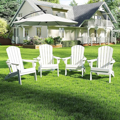 Folding Adirondack Chair Set of 4, HDPE Outdoor Patio Chair with Cup Holder, All Weather Plastic Lawn Chair with Wide Armrests, Portable Patio Chair for Backyard Deck Garden Fire Pit Poolside, White
