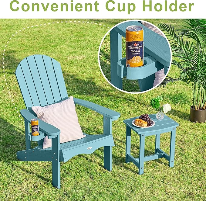 Y&M Adirondack Chair Set of 2, Light Blue Fire Pit Chairs, Outdoor Patio Chairs with Cup Holder, Weather Resistant HDPE Wooden Textured Patio Chairs, Perfect for Garden, Lawn, Deck, or Poolside