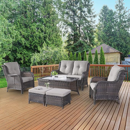 Belord 6 Pieces Patio Furniture Set Outdoor Wicker Furniture, 2 Patio Wicker Chairs with 1 Loveseat Sofa, Coffee Table and Ottomans, Patio Conversation Set for Porch Garden Deck Balcony Poolside