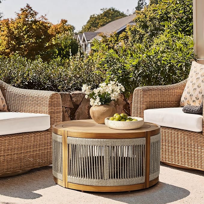 LuxenHome Outdoor Coffee Table, 31'' Acacia Wood Rope Drum Round Sides Patio Tables, Modern Farmhouse Garden Coffee Table, Outdoor Furniture for Porch, Balcony, Outside Furniture