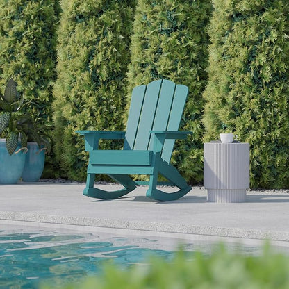 Flash Furniture Newport Adirondack Rocking Chair with Cup Holder, Weather Resistant Poly Resin Adirondack Rocking Chair, Blue