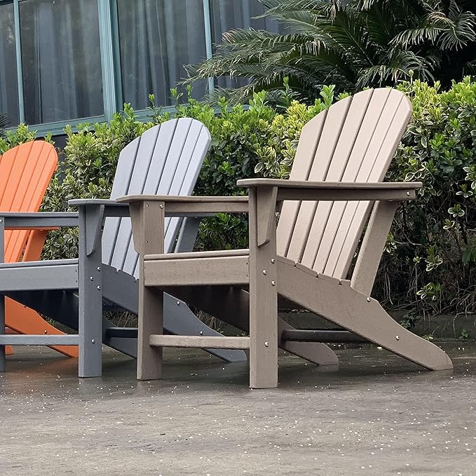 Farmhouse Adirondack Chair Set of 6, Poly Lumber Patio Chairs, Pre-Assembled Weather Resistant Outdoor Chairs for Pool, Deck, Backyard, Garden, Fire Pit Seating, Weather Wood