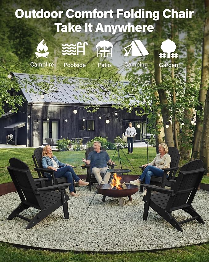 YEFU Folding Adirondack Chair for Outdoor: Plastic Foldable Fire Pit Chair with Cup Holders & Adjustable Backrest - Sturdy All-Weather HDPE for Outside Patio Poolside - Easy Assembly(Black)