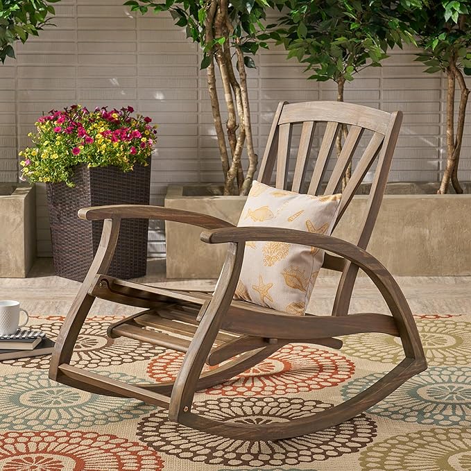 Outdoor Acacia Wood Rocking Chair with Retractable Foot Panel,Rocker Patio Rocking Chair for Porch, Patio, Balcony,
