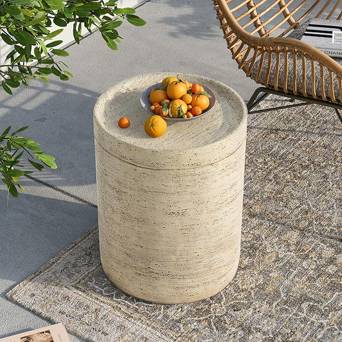 SUNBURY Outdoor Side Tables for Patio, Small Concrete Accent End Table, Stone Round Modern Coffee Furniture - Photo 2