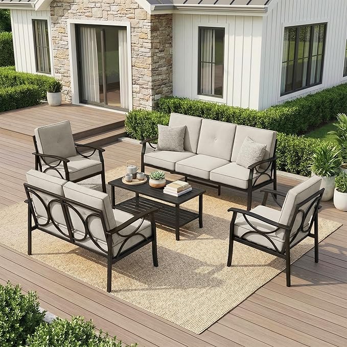 RoyalCraft Outdoor Patio Furniture Set, 7 Seats Outdoor Patio Set with 4" Thick Cushion, All-Weather Metal Patio Sofa with Coffee Table, Outdoor Sectional Furniture for Backyard Porch, Black&Beige