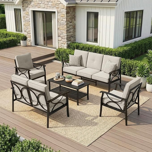 RoyalCraft Outdoor Patio Furniture Set, 7 Seats Outdoor Patio Set with 4" Thick Cushion, All-Weather Metal Patio Sofa with Coffee Table, Outdoor Sectional Furniture for Backyard Porch, Black&Beige