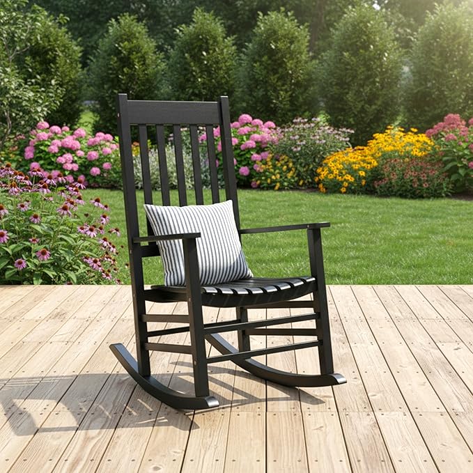 Shine Company Vermont Porch Rocker, High Back Acacia Wood Rocking Chair, Black