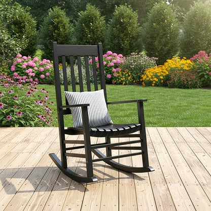 Shine Company Vermont Porch Rocker, High Back Acacia Wood Rocking Chair, Black