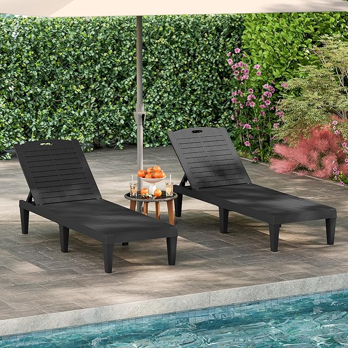 Tangkula Lounge Chair Outdoor Set of 2, Patio PP Pool Lounge Chairs with 5-Position Adjustable Backrests, Easy Assembly, Recliner Chaise Lounger for Poolside, Deck, Backyard, Porch (Black)