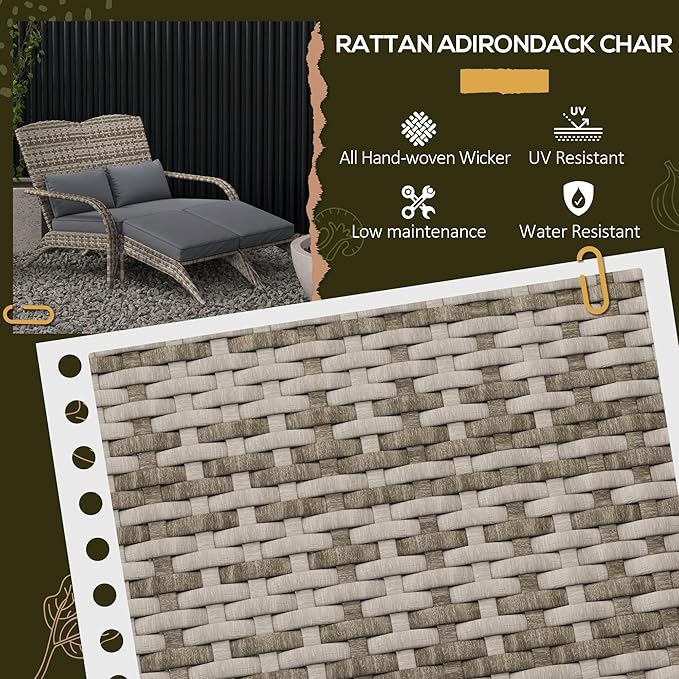 Outsunny Wicker Adirondack Chair for 2 with Cushions & Footrests, PE Rattan Double Chaise Lounge Chair - Photo 3