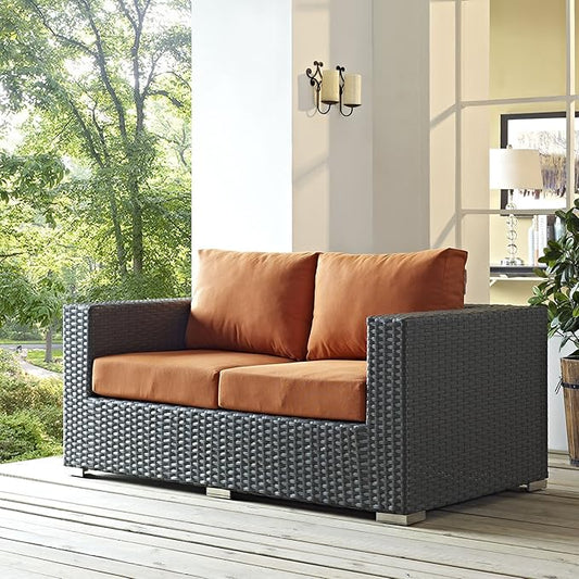 Modway Sojourn Wicker Rattan Outdoor Patio Sunbrella Fabric Loveseat in Canvas Tuscan