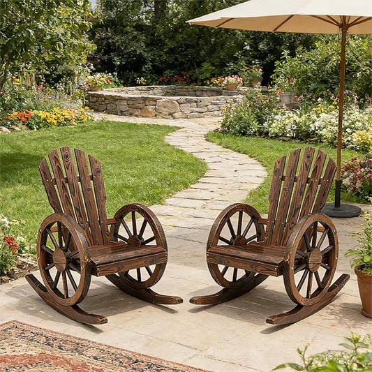 Outdoor Wood Rocking Chair Set of 2 - Patio Wagon Wheel Rocking Chair 2 PCS, Rustic Rocker Single Chairs for Country, Yard, Porch