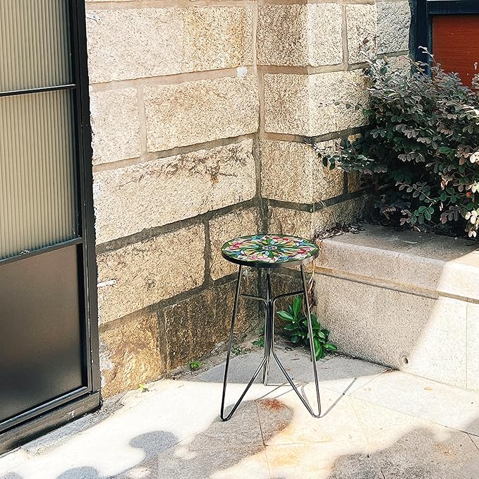 Mosaic Bird Outdoor Side Tea Table, Glass Plant Tables Indoor Decorative Metal Patio Table, Valentine's Day Outdoor Tables Unique Furniture - Weather-Resistant Patio Valentine's Day Decor
