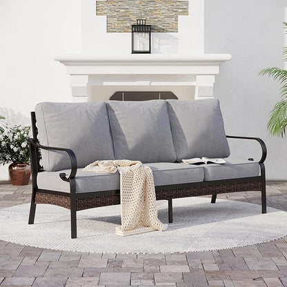 Metal Patio Furniture Sofa with 5.75" Extra Thick Cushion, 3-Seater Deep Seating & High-Back Black Frame Outdoor Couch All Weather Outdoor Seating for Deck Gazebo Porch, Light Gray