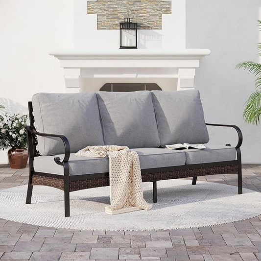 Metal Patio Furniture Sofa with 5.75" Extra Thick Cushion, 3-Seater Deep Seating & High-Back Black Frame Outdoor Couch All Weather Outdoor Seating for Deck Gazebo Porch, Light Gray