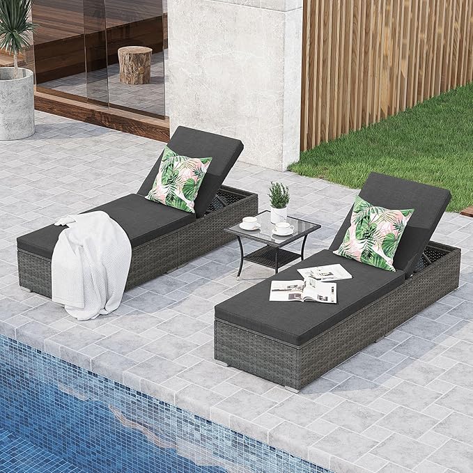 JOIVI Chaise Lounge Chairs Set of 2 w/Coffee Table, 5 Angle Backrest and Removable Cushions, PE Wicker Rattan Outdoor Lounge Chair Pool Lounger Patio Reclining Chair, 3-Piece Pool Furniture, Dark Gray