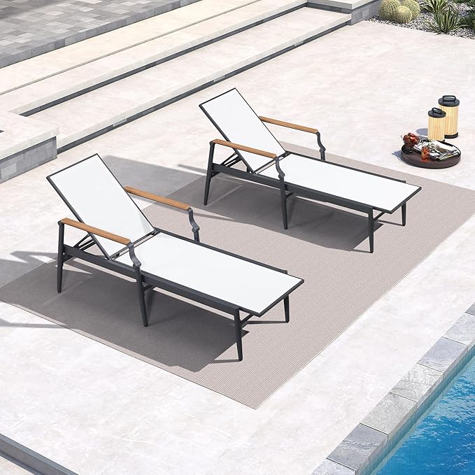 PURPLE LEAF Outdoor Chaise Lounge Chair Set of 2 Patio Pool Lounger Aluminum Chairs with Wooden Armrest Sunbathing - Photo 2