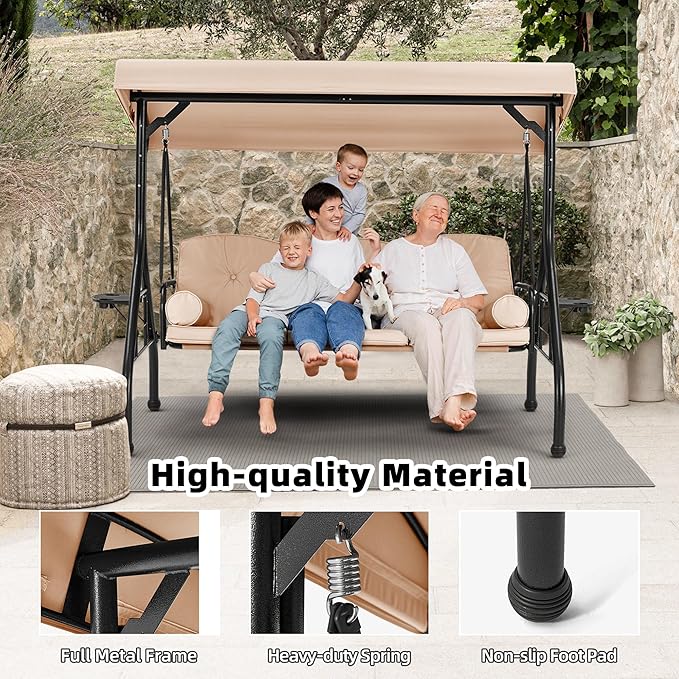 HOMREST 3 Seat Outdoor Porch Swing with Adjustable Canopy, Convertible Patio Swing Bed with Stand - Photo 4