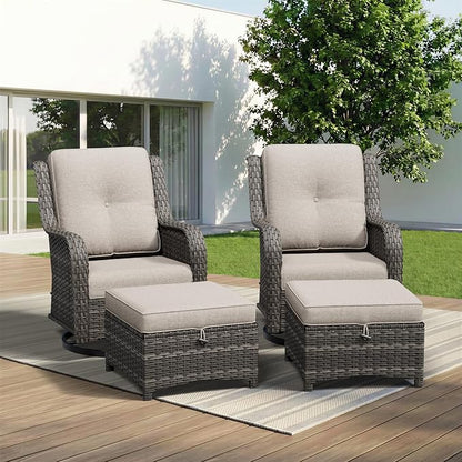 4 Piece Outdoor Wicker Patio Furniture Set, Outdoor Swivel Rocker Patio Chairs Set with Thickened Olefin Cushions, High Back and Deep Seating, Hand-Woven PE Rattan, Ottoman for Porch, Deck