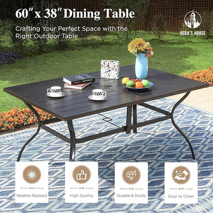 HERA'S HOUSE Patio Dining Table, 60" x 38" Rectangular Large Surface 6 Person Steel Frame Outdoor Dining Table with Umbrella Hole for Lawn Garden Backyard