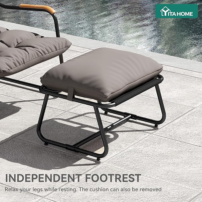 YITAHOME Patio Lounge Chair with Ottoman, Oversized Papasan Chair with Soft Cushion, Indoor/Outdoor Textilene Lounge with Teak Wood Handrail and Footstool for Living Room, Porch, Backyard or Garden