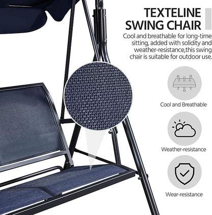 Topeakmart Patio Swing Chair, 3-Seat Outdoor Porch Swings, Texteline Fabric Canopy Lounge Chair with Adjustable Canopy & Armrests & Metal Frame for Garden Poolside Bench Backyard, Blue
