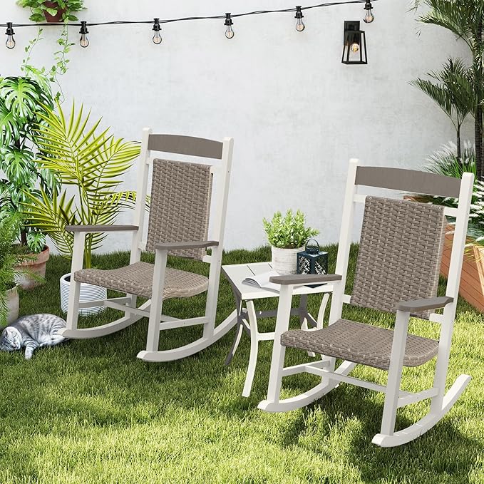 Outdoor Wicker Rocking Chairs Set of 3, 2 Chairs Made of Metal & Rattan + 1 All Metal Table, Oversized Patio Rocker with High Back for Adults, All-Weather Outside Furniture, White & Brown