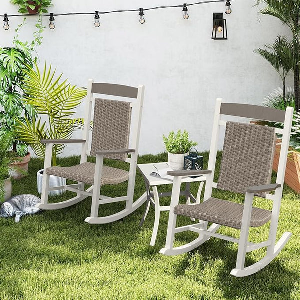 Outdoor Wicker Rocking Chairs Set of 3, 2 Chairs Made of Metal & Rattan + 1 All Metal Table - Photo 1