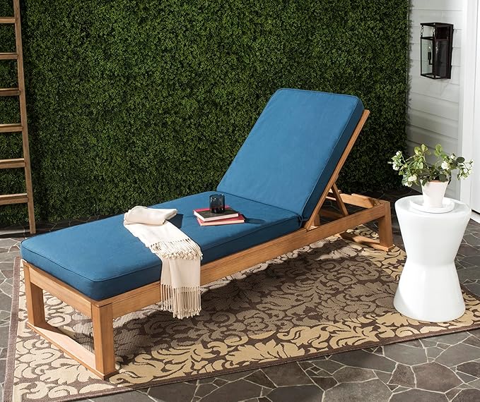 SAFAVIEH Outdoor Collection Solano Natural Brown Solid Wood/Navy Blue Cushion Patio Adjustable Chaise Lounge Chair - Photo 2