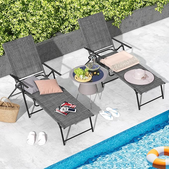 Tangkula Outdoor Lounge Chairs Set of 2, Patio Folding Chaise Recliner with 6-Level Backrest - Photo 2