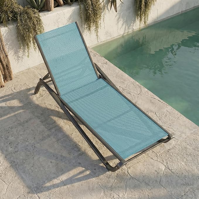 Outdoor Chaise Lounge Chair, 5-Position Adjustable Patio Lounge Chair with Ergonomic Aluminum Frame, Textilene Fabric Pool Loung Chairs for Poolside, Deck, Backyard (Lake Blue)