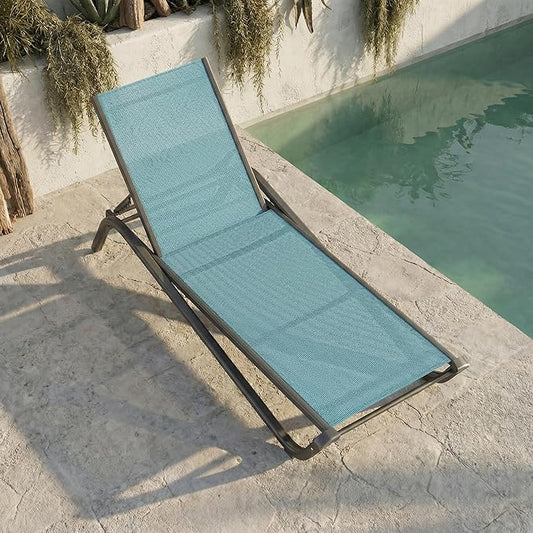 Outdoor Chaise Lounge Chair, 5-Position Adjustable Patio Lounge Chair with Ergonomic Aluminum Frame, Textilene Fabric Pool Loung Chairs for Poolside, Deck, Backyard (Lake Blue)
