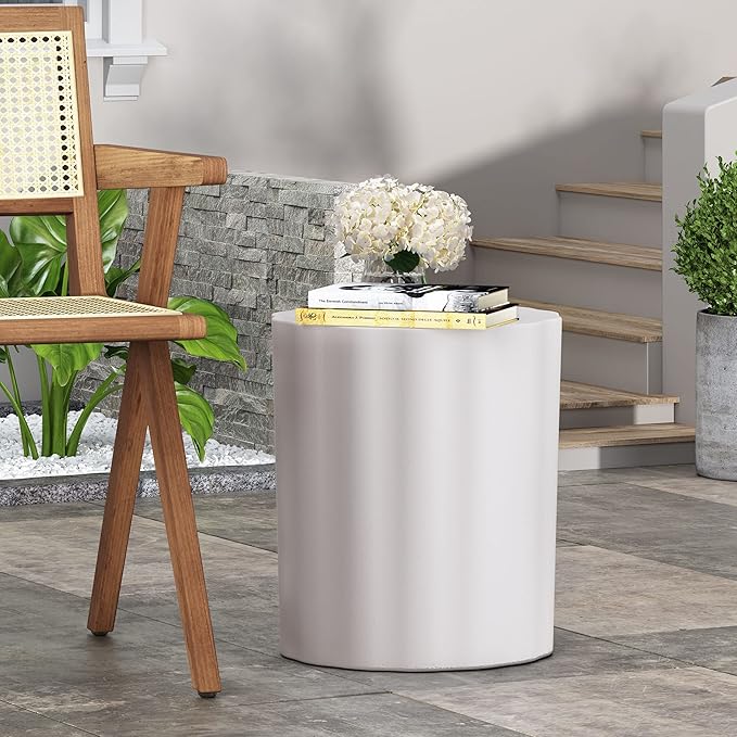Concrete Side Table Outdoor Faux Stone End Table, Round Outdoor Accent Tables Patio Garden Stool Plant Stand for Porch, Backyard Patio Antique White-Stripe