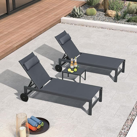 PURPLE LEAF Patio Lounge Chair Set Outdoor Chaise Lounger Aluminum Frame with 2 Side Table and Wheels for Pool Outside Sunbathing Tanning Recliner Including Pillows Gray