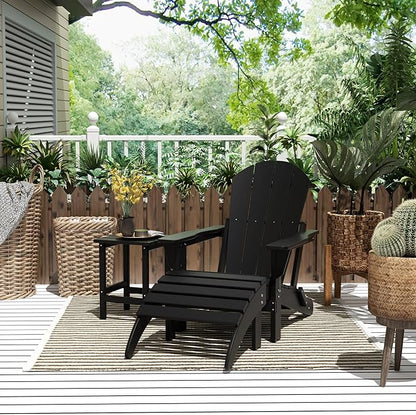 WestinTrends Malibu Outdoor Lounge Chairs, 3-Pieces Adirondack Chair Set with Ottoman and Side Table, All Weather Poly Lumber Patio Lawn Folding Chair for Outside Pool Garden Backyard, Black