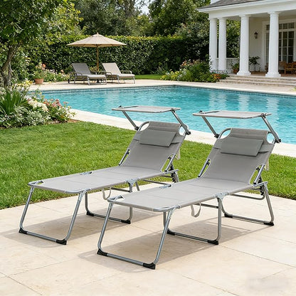 Folding Outdoor Lounge Recliner Chairs, Patio Lawn Chairs with Adjustable Backrest, Sun Tanning Beach Chair with Sunshade/Awning, Breathable Mesh Seat, Gray, 2 Pcs (Gray)