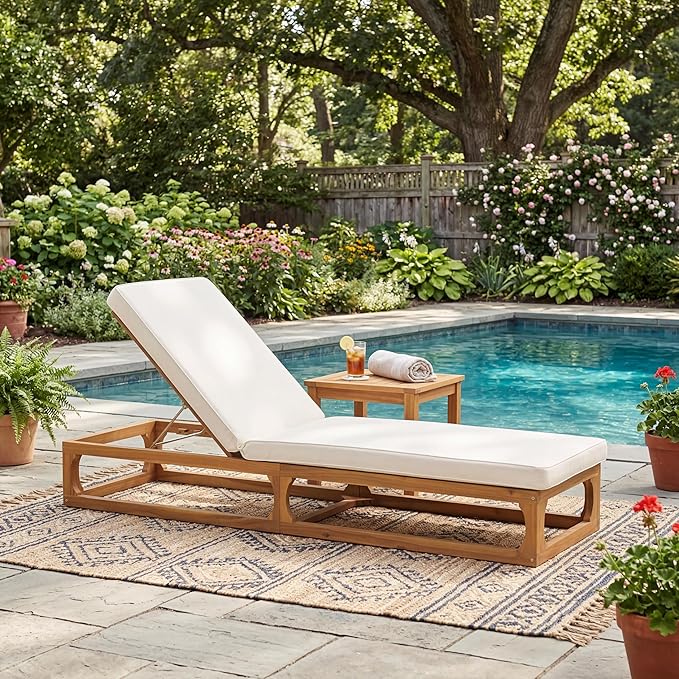 Christopher Knight Home Vauz Modern Patio Chaise Lounge Chair Outdoor, Acacia Wood Poolside Sun Lounger with Cushion, Open Frame Pool Lounger with Adjustable Backrest, Natural+Beige