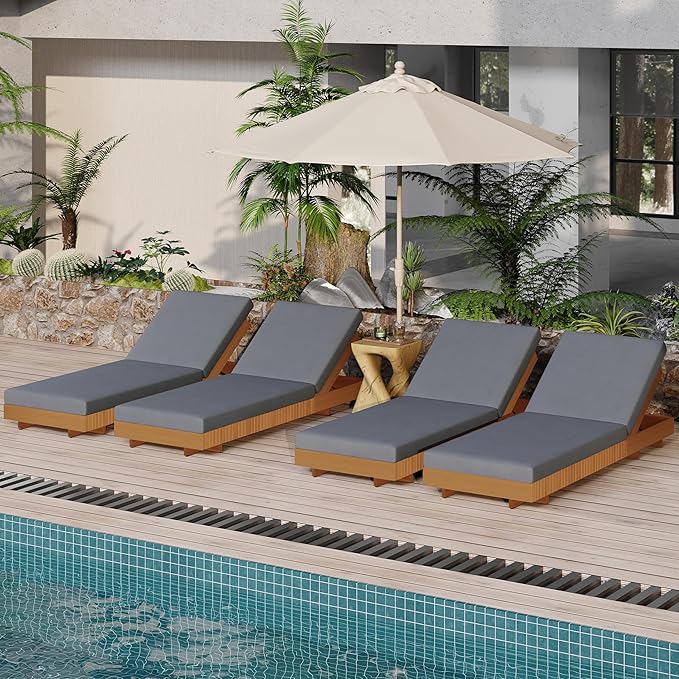 Merax 4-Piece Acacia Wood Chaise Lounge Set w/ 6-Position Adjustable Backrest & Cushion - Outdoor Patio Poolside Furniture, Grey