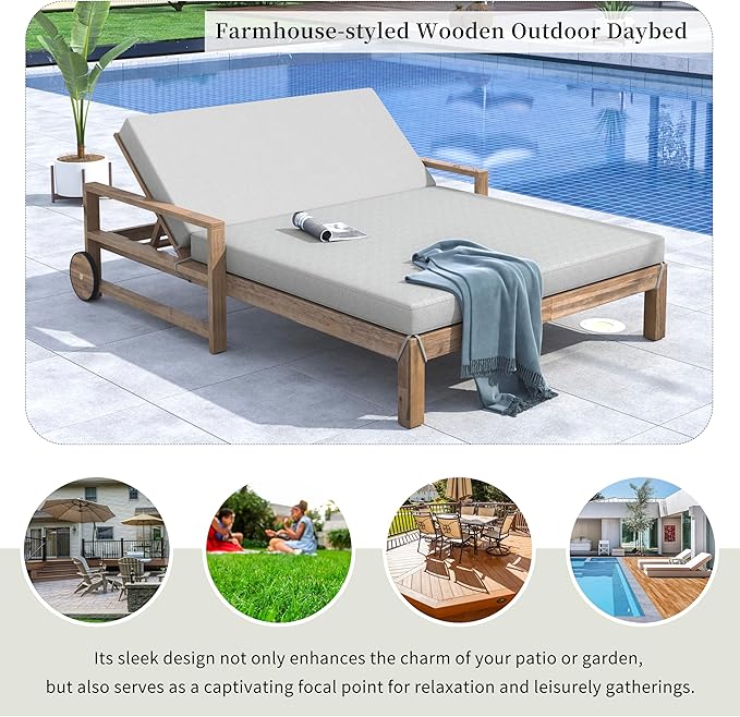 Acacia Wood Outdoor Patio Daybed Sunbed with Movable Wheels - Photo 6
