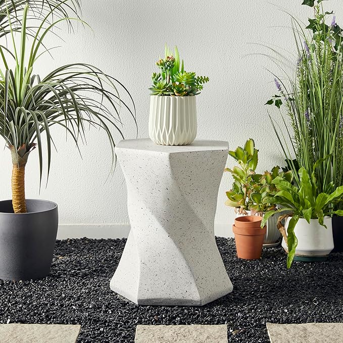 Glitzhome Outdoor Side Table, 17.75" H Decorative Garden Stool MGO Twist Faux Terrazzo End Table, Round Planter Stand for Indoor Outdoor Living Room Bedroom Patio Deck Poolside, White