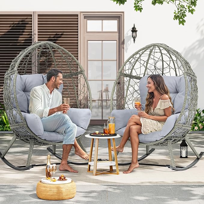 YITAHOME Outdoor Rocking Egg Chair with Cushioned Comfort, Wicker Patio Rocker 250lb Capacity, Anti-Slip, All-Weather Resilient Rattan Design for Indoor & Outdoor Relaxation Spaces, Light Grey