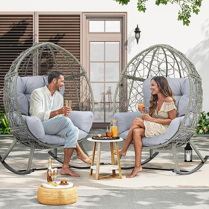 YITAHOME Outdoor Rocking Egg Chair with Cushioned Comfort, Wicker Patio Rocker 250lb Capacity, Anti-Slip, All-Weather Resilient Rattan Design for Indoor & Outdoor Relaxation Spaces, Light Grey