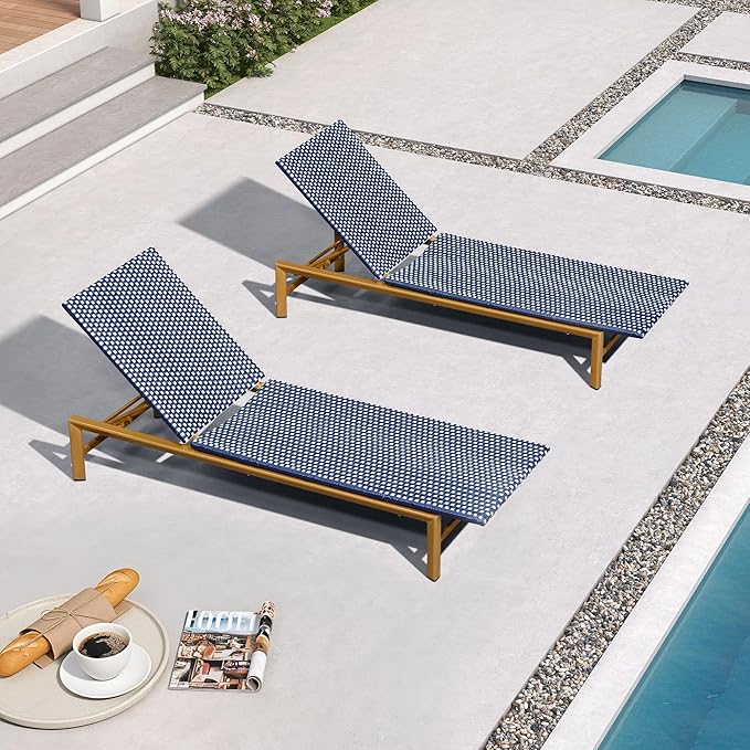 PURPLE LEAF Patio Chaise Lounge French Outdoor Lounger 2 Pieces Wood-Grain Finish Aluminum Wicker Lounge Chair with Adjustable Backrest for Pool Garden Beach and Backyard White and Navy