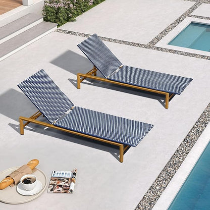 PURPLE LEAF Patio Chaise Lounge French Outdoor Lounger 2 Pieces Wood-Grain Finish Aluminum Wicker Lounge Chair with Adjustable Backrest for Pool Garden Beach and Backyard White and Navy