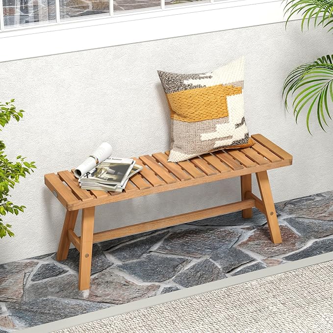 Tangkula Acacia Wood Outdoor Garden Bench, 2-Person Patio Backless Bench with Slatted Seat, 800 lbs Capacity, Outside Dining Bench for Front Porch, Balcony and Entryway (2,Natural)