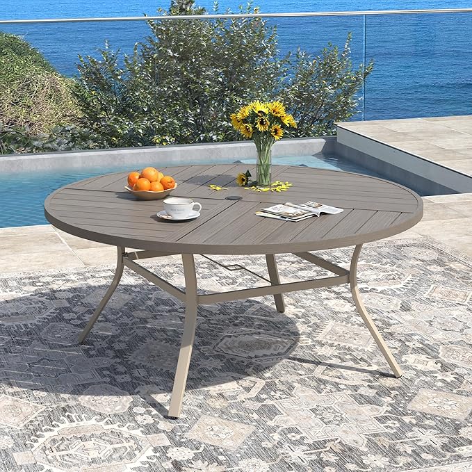 DIFY 59.8" Round Outdoor Patio Dining Table for 8-10, All-Weather Metal Steel Slatted Patio Table with 1.57" Adjustable Umbrella Hole for Garden, Backyard, Deck, Grey Wood-Like