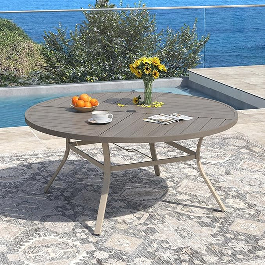 DIFY 59.8" Round Outdoor Patio Dining Table for 8-10, All-Weather Metal Steel Slatted Patio Table with 1.57" Adjustable Umbrella Hole for Garden, Backyard, Deck, Grey Wood-Like